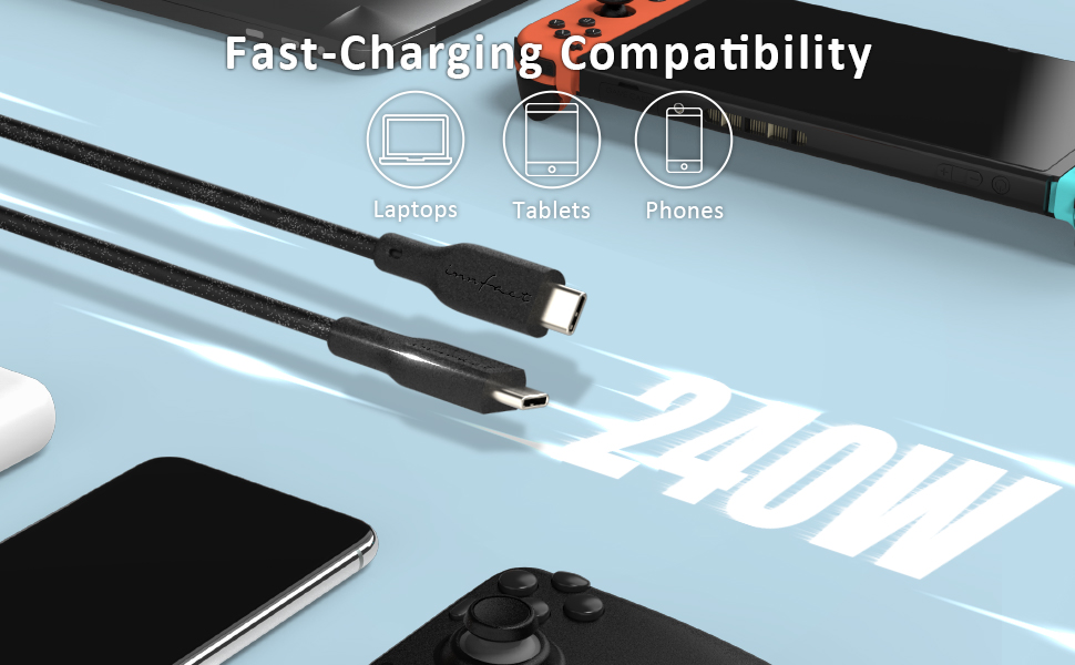 Fast-charging compatibility — laptops, tablets, phones at up to 240W