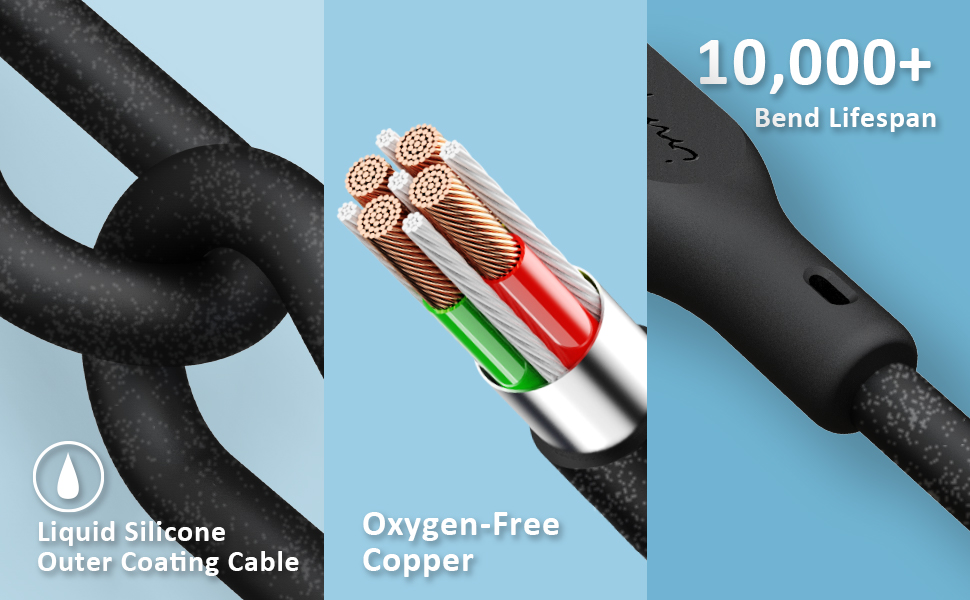 Liquid-silicone jacket, oxygen-free copper core, 10,000+ bend lifespan