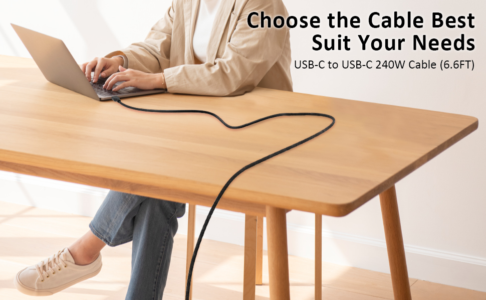 USB-C to USB-C 240W cable in use on a desk